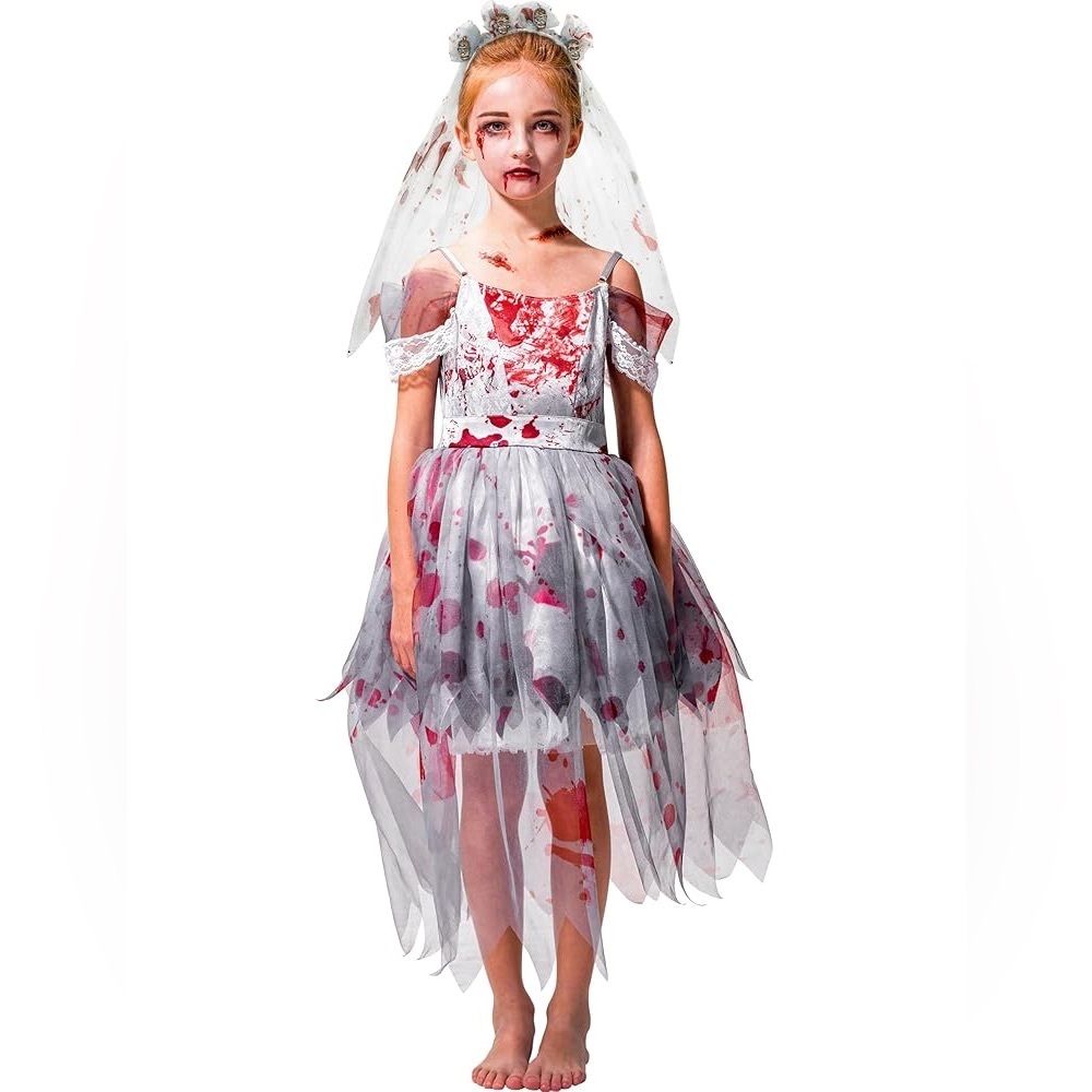 IKALI Zombie Dead Bride Halloween Costume Fancy Dress size 7-8 years With Veil